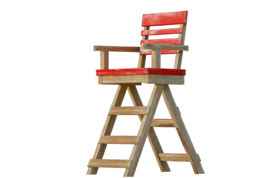 Lifeguard chair placed on a clear background with focus on its wooden structure and vibrant red seating for safety and supervision