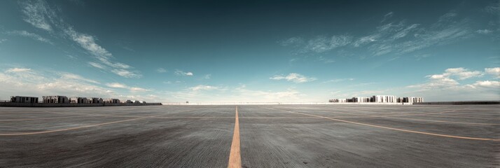 Elegant photo of endless asphalt road stretching towards a distant city skyline under a blue sky.