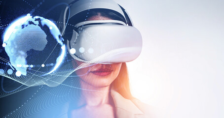 Businesswoman wearing VR headset with digital globe and data waves, futuristic style on light background, concept of global technology and innovation