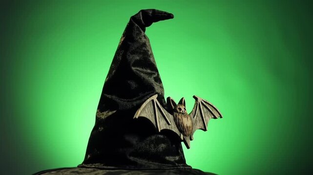 Witch's hat with bat decoration against a gradient green background for Halloween, for greeting cards