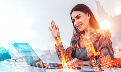 Businesswoman waving at laptop in office, double exposure style with cityscape overlay on white background, symbolizing global communication and business concept