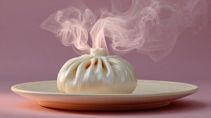 Steaming dumpling placed on a beige plate, showcasing its soft texture and intricate folds, with wisps of steam rising, creating an inviting atmosphere for culinary enthusiasts and food lovers