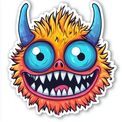 Whimsical, wide-eyed monster sticker with sharp teeth and blue horns, perfect for playful designs.