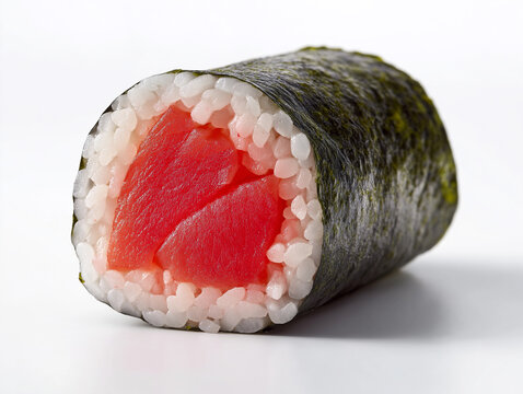 Tekka maki tuna sushi roll, studio macro photo on white background