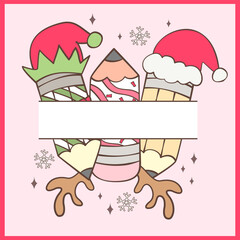 Christmas Pencil Frame Name Cartoon Hand Drawn Split Frame Design for School Kids festive holiday clipart template for creative projects
