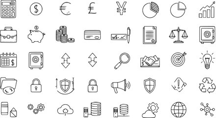 Fototapeta premium Hand-drawn finance, business, data, and security icons set. Includes money, analytics, storage, network, and protection symbols.