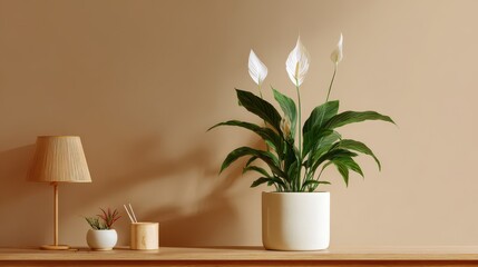 Elegant photo of peace lily plant in a white pot on a wooden shelf with a lamp.