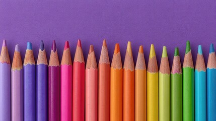 Elegant photo of vibrant row of colored pencils arranged on a purple background.