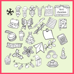 Obraz premium Cute Christmas School Supplies Elements Collection Back to School Christmas Icon Cartoon Hand Drawn Set