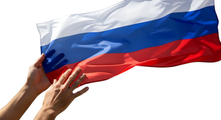 Flag of russia held by hands on white background