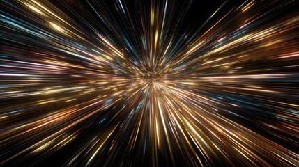 Elegant photo of abstract explosion of light streaks in a tunnel effect, representing speed and data.