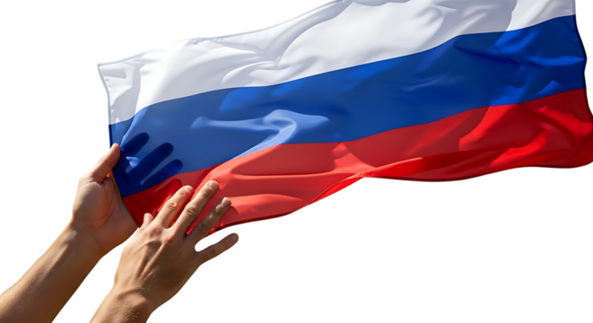 Flag of russia held by hands on white background