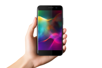 Person holds a smartphone displaying vibrant colors and wave patterns while standing in a bright setting during the daytime