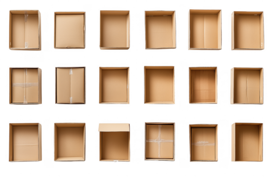 Cardboard boxes arranged on black isolated on a transparent background