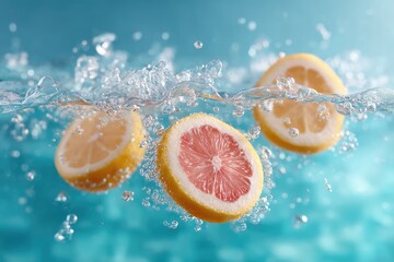 Close up Macro Shot of Fresh Lemon and Grapefruit Slices Splashing into Sparkling Water with Bright Studio Lighting and Blue Background