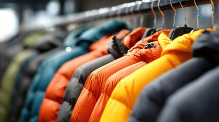 Elegant photo of row of colorful puffer jackets hanging on a clothing rack.
