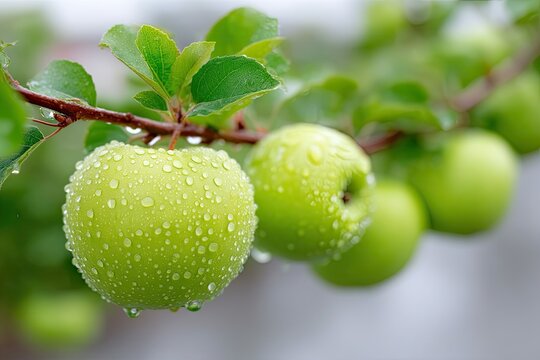 Close up macro shot of fresh green apples glistening with water droplets hanging from a tree branch with green leaves in soft focus background daylight - Powered by Adobe