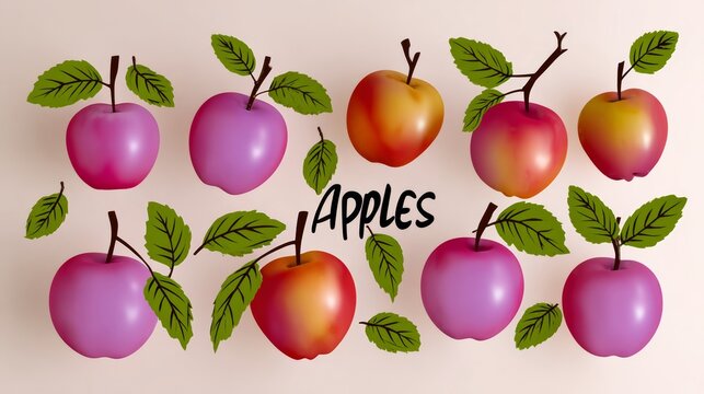 Colorful collection of stylized apples with vibrant hues and lush green leaves, arranged artistically on a soft background, showcasing the beauty of fruit in a playful and modern illustration style - Powered by Adobe