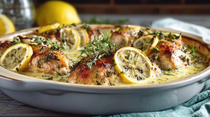 Elegant photo of delicious baked chicken with lemon and herbs in creamy sauce.