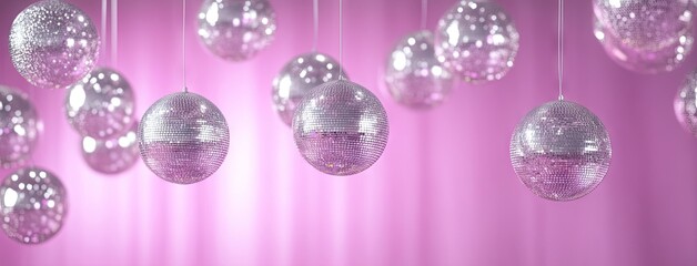 Obraz premium Disco balls sparkle and shine under colorful lights in a festive celebration reminiscent of vibrant dance floors from the past