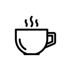 Steaming hot coffee cup with a handle, a simple black line art icon.