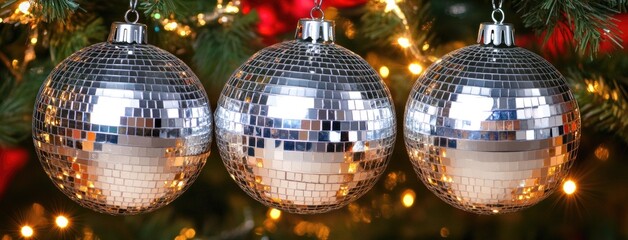 Reflecting lights dance from silver disco balls at a festive gathering creating nostalgic vibes and a joyful atmosphere
