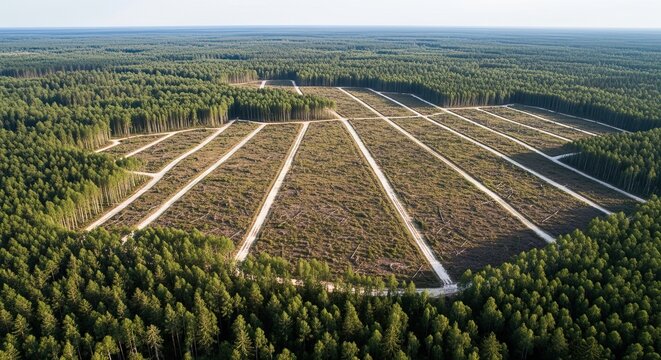 Aerial view of a vast forest undergoing selective logging for sustainable resource management.