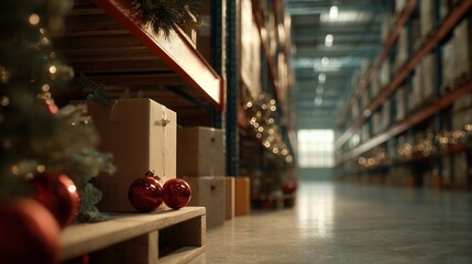 Boxes and red christmas ornaments on wooden pallet in a warehouse aisle, concept for holiday delivery, seasonal logistics and supply chain management