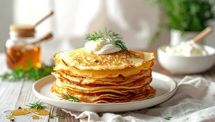 Fluffy Golden Pancakes Stack Topped with Sour Cream and Dill -Cozy Breakfast Still Life