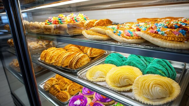 Pan dulce display case showcasing colorful Mexican pastries with vibrant conchas, empanadas and traditional sweet breads in professional bakery setting