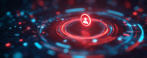 Abstract glowing interface with user icon on a circuit board background with red and blue lights, concept for data management, access control and network security