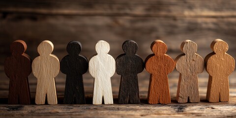 Diverse wooden human figures standing together on a rustic wooden surface symbolizing unity, concept for diversity awareness, social equality and multicultural understanding