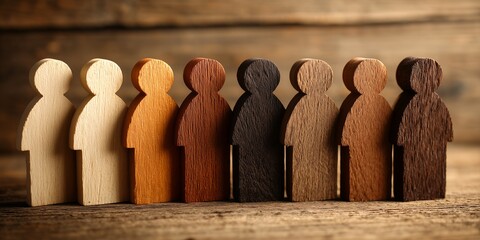 Diversity shown with wooden people figures in varying skin tones on rustic wood background, concept for inclusion initiative, cultural awareness and equal opportunity