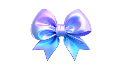 Iridescent light blue bow with white accents on black background, digitally rendered with reflective surfaces