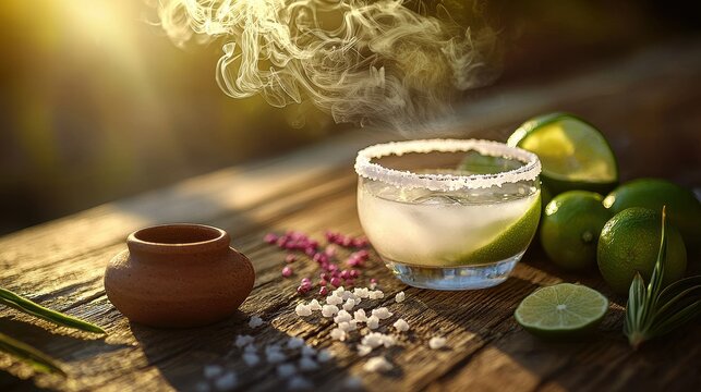 Premium mezcal cocktail with salt rim and fresh lime garnish on rustic wooden surface with atmospheric smoke and traditional clay vessel