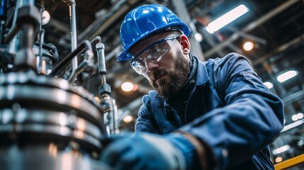 Man in safety gear inspecting complex machinery with pipes and gauges, concept for industrial maintenance, manufacturing process and safety regulations compliance