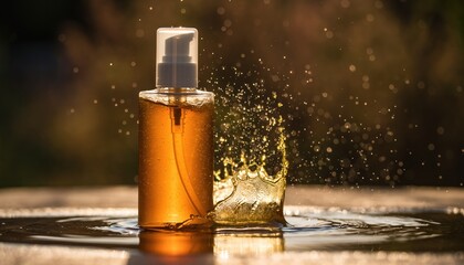Amber cosmetic liquid dispenses from a pump bottle with a dramatic splash captured in warm outdoor lighting