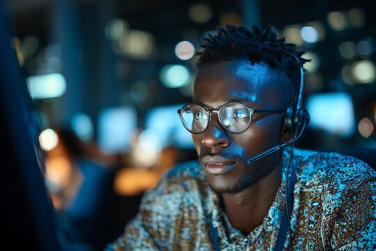 Focused african man wearing headset working with computer at night with blurred city background, concept for call center support, information technology and data security