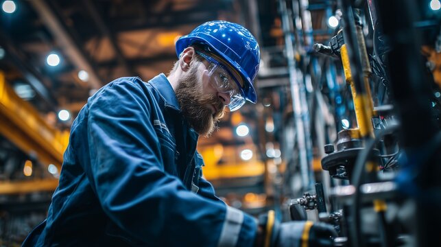 Bearded factory worker in blue hard hat inspecting machinery and wearing safety glasses, concept for quality control, mechanical engineering and industrial innovation