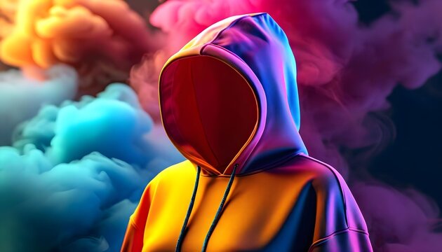 Person in a hooded sweatshirt stands against a backdrop of swirling, vibrant, colorful smoke. - Powered by Adobe