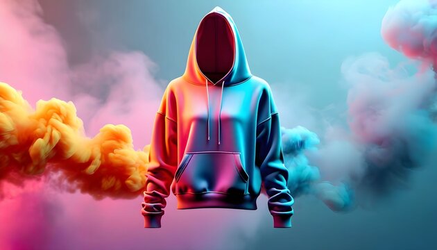 A vibrant hoodie with a faceless hood against colorful smoke.