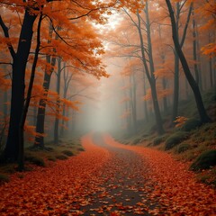 Forest path covered in orange autumn leaves with morning fog