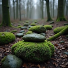 Moss-covered stones in November forest with cold wet textures