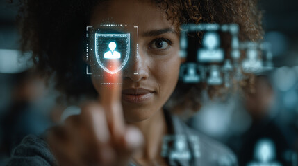 Woman interacts with digital holographic interface, focusing on security icon, in modern office setting