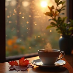 Cozy cup of tea on wooden table by window with autumn rain