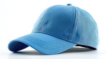 Elegant photo of blue denim baseball cap isolated on white background.