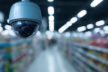 Security camera in supermarket aisle monitors activity with blurred background, concept for surveillance, crime prevention and loss prevention in retail environment.