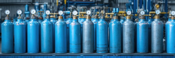 Elegant photo of row of blue industrial gas cylinders with pressure gauges.