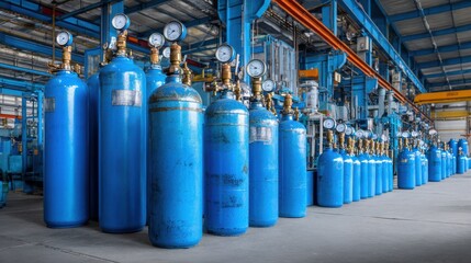 Elegant photo of industrial gas cylinders in a factory storage area.