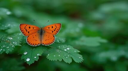 Obraz premium Close-up Macro Photograph of a Small Orange Butterfly with Black Spots Resting on a Green Leaf with Water Droplets in Soft Natural Light